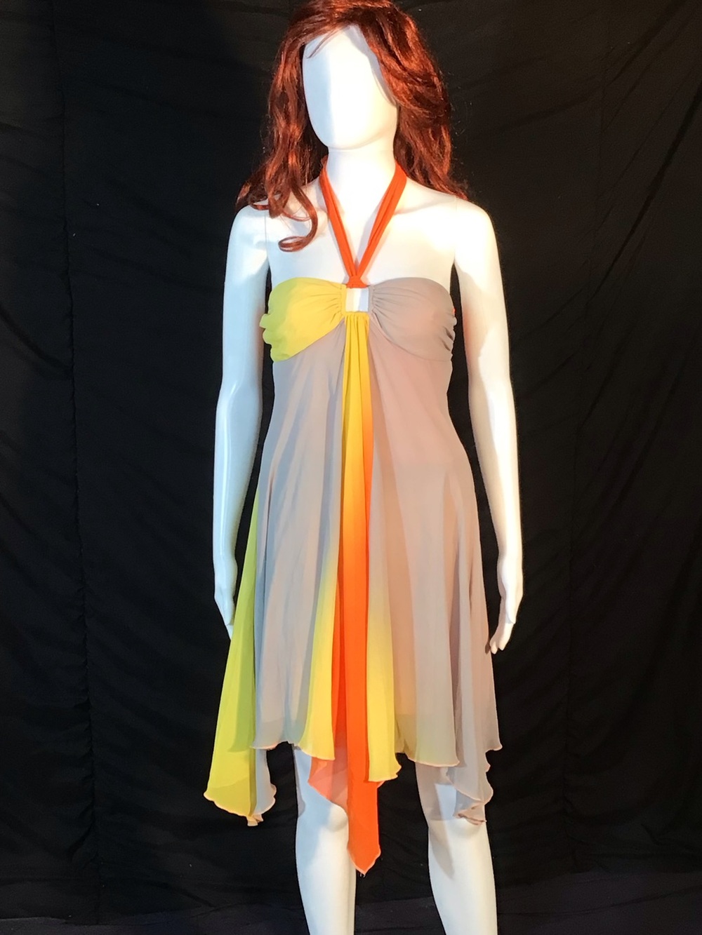 Y2K Multicolor handkerchief hem, chiffon halter dress